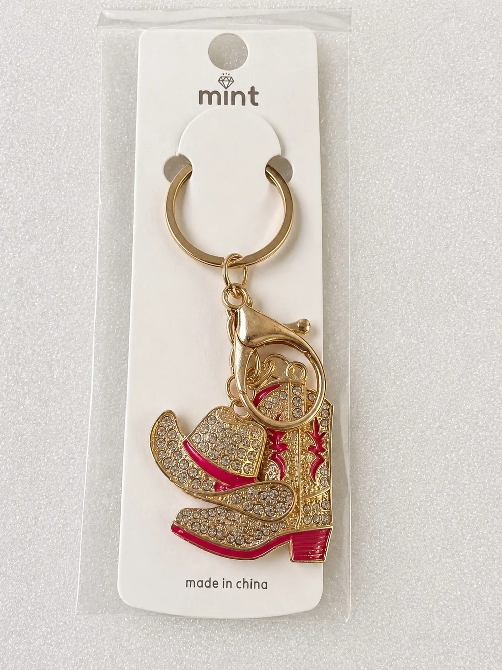 Mint Gold-tone Cowboy Boot Keychain with Pink Accents